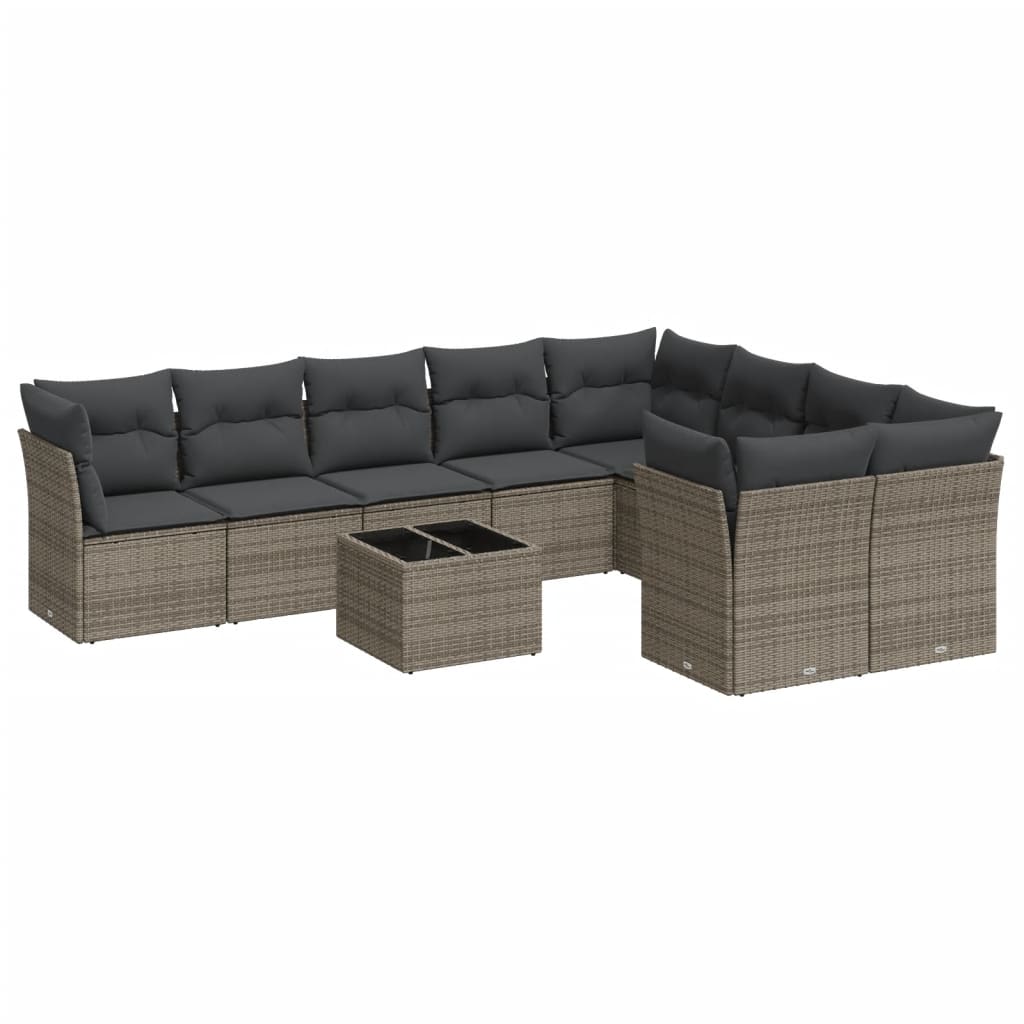 Salon de jardin avec coussins 10 pcs gris résine tressée