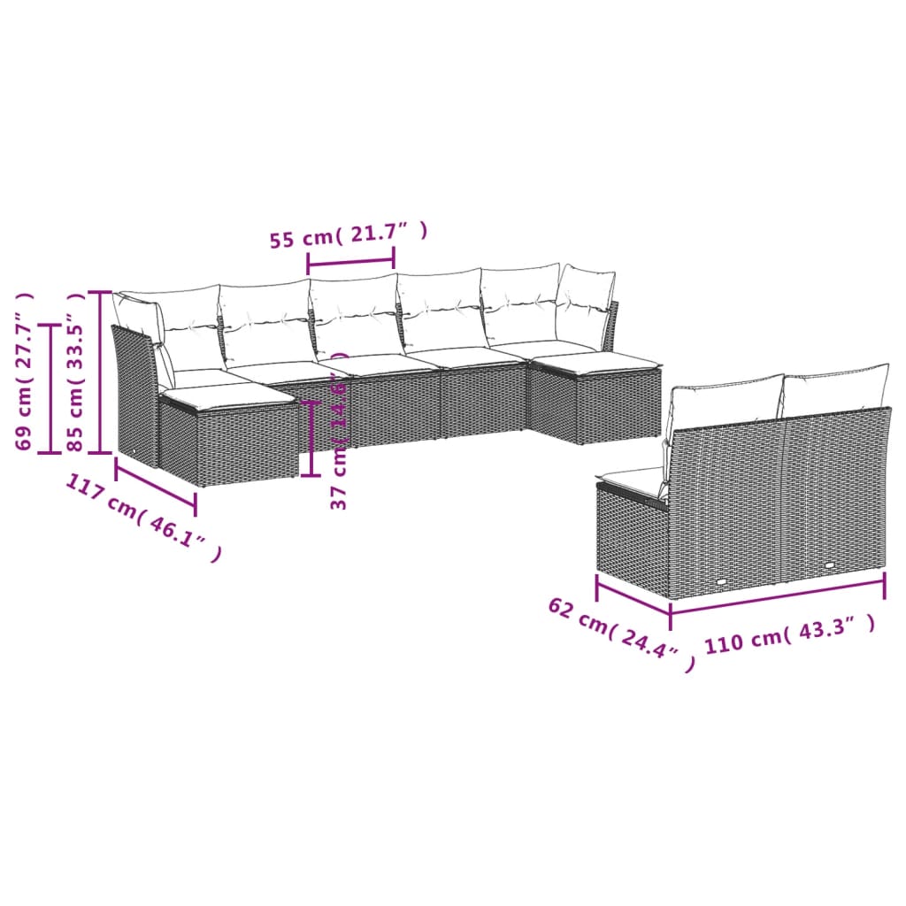 Salon de jardin avec coussins 10 pcs gris résine tressée