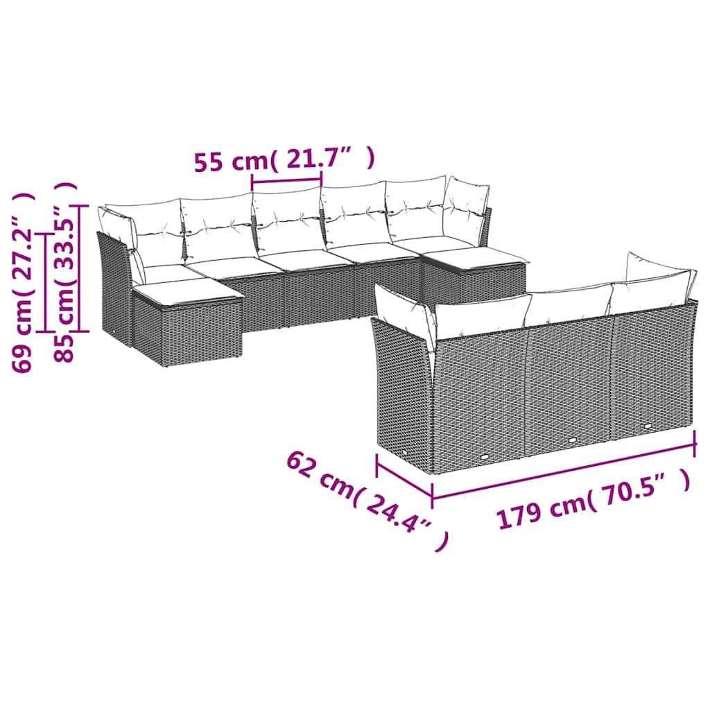 Salon de jardin 10 pcs avec coussins noir résine tressée