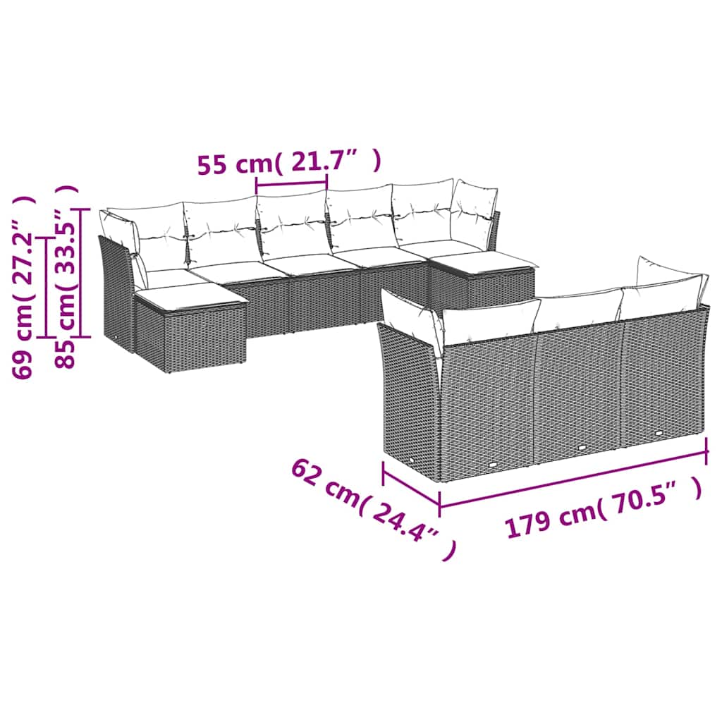 Salon de jardin 10 pcs avec coussins marron résine tressée