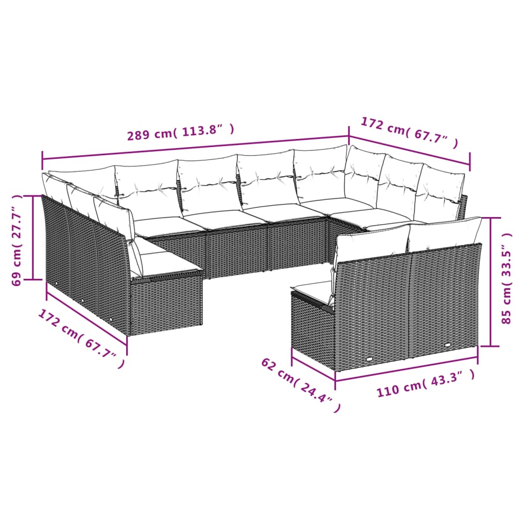 Ensemble de canapé de jardin 11 pcs avec coussins marron résine tressée