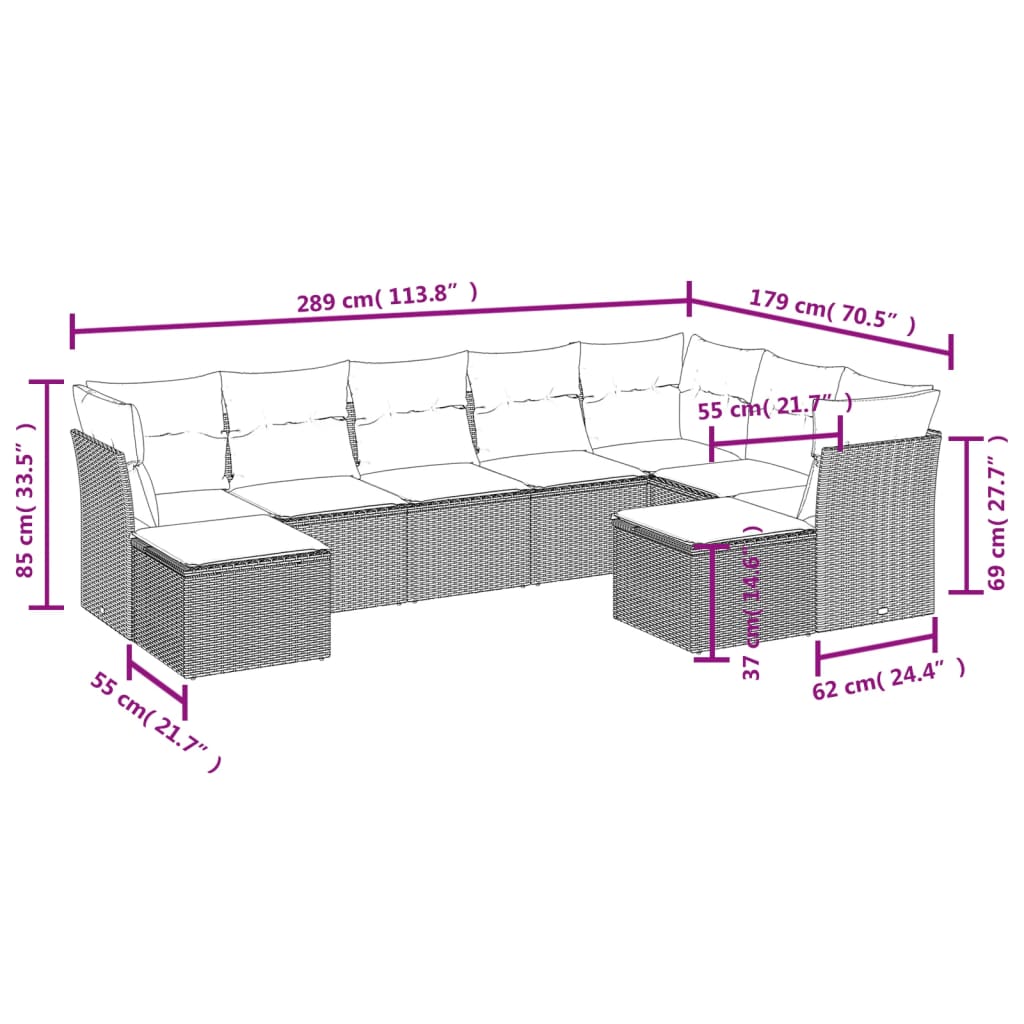 Salon de jardin avec coussins 9 pcs beige résine tressée