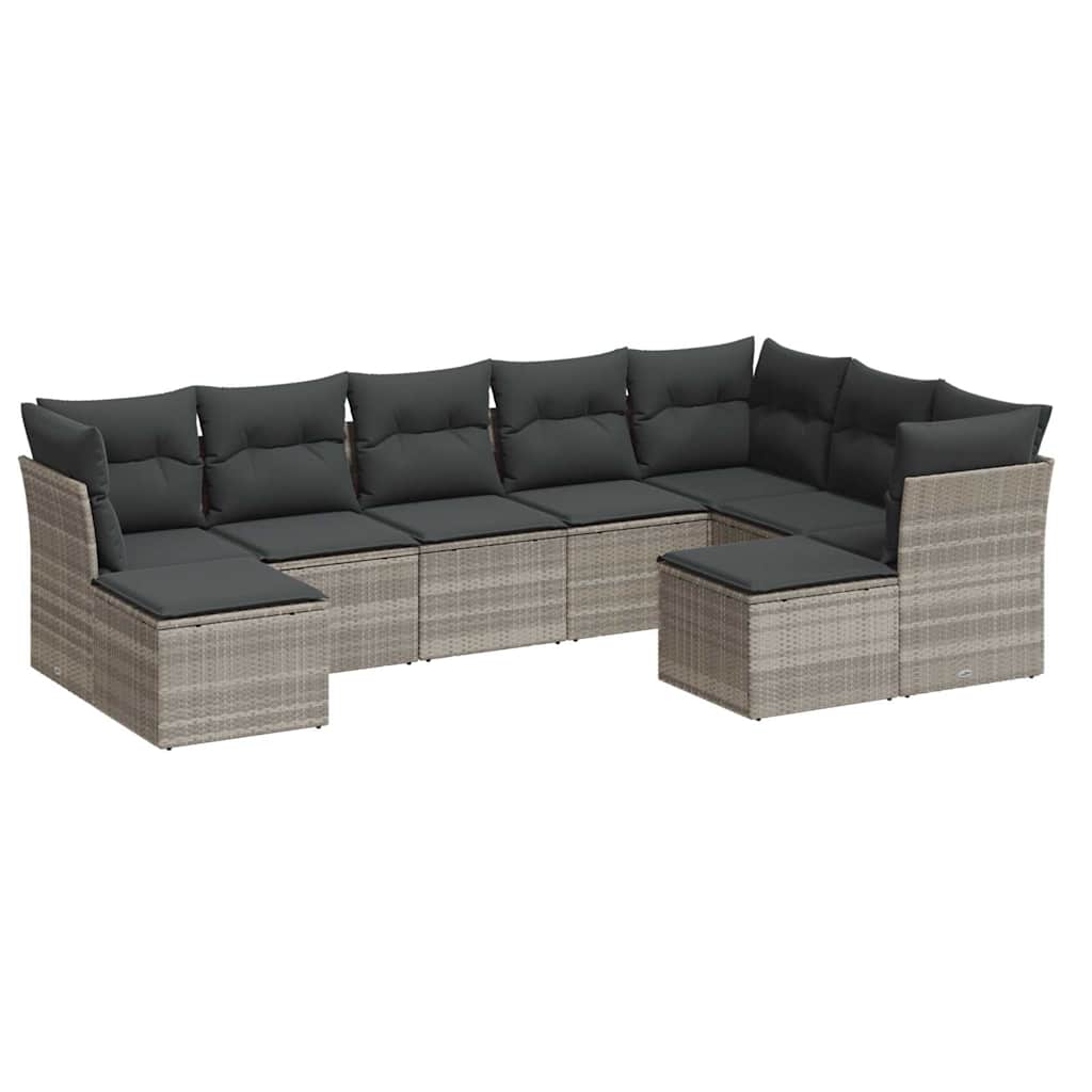 Salon de jardin 9 pcs avec coussins gris clair résine tressée