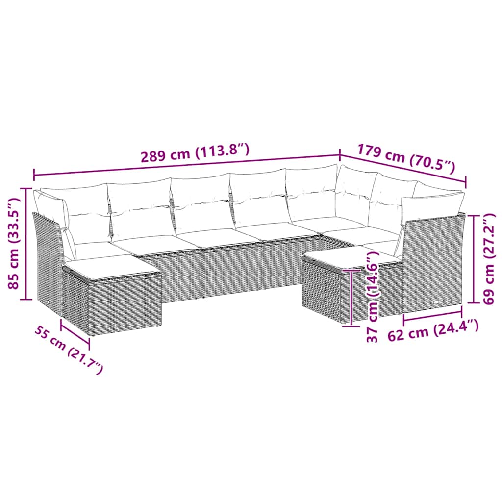 Salon de jardin 9 pcs avec coussins gris clair résine tressée