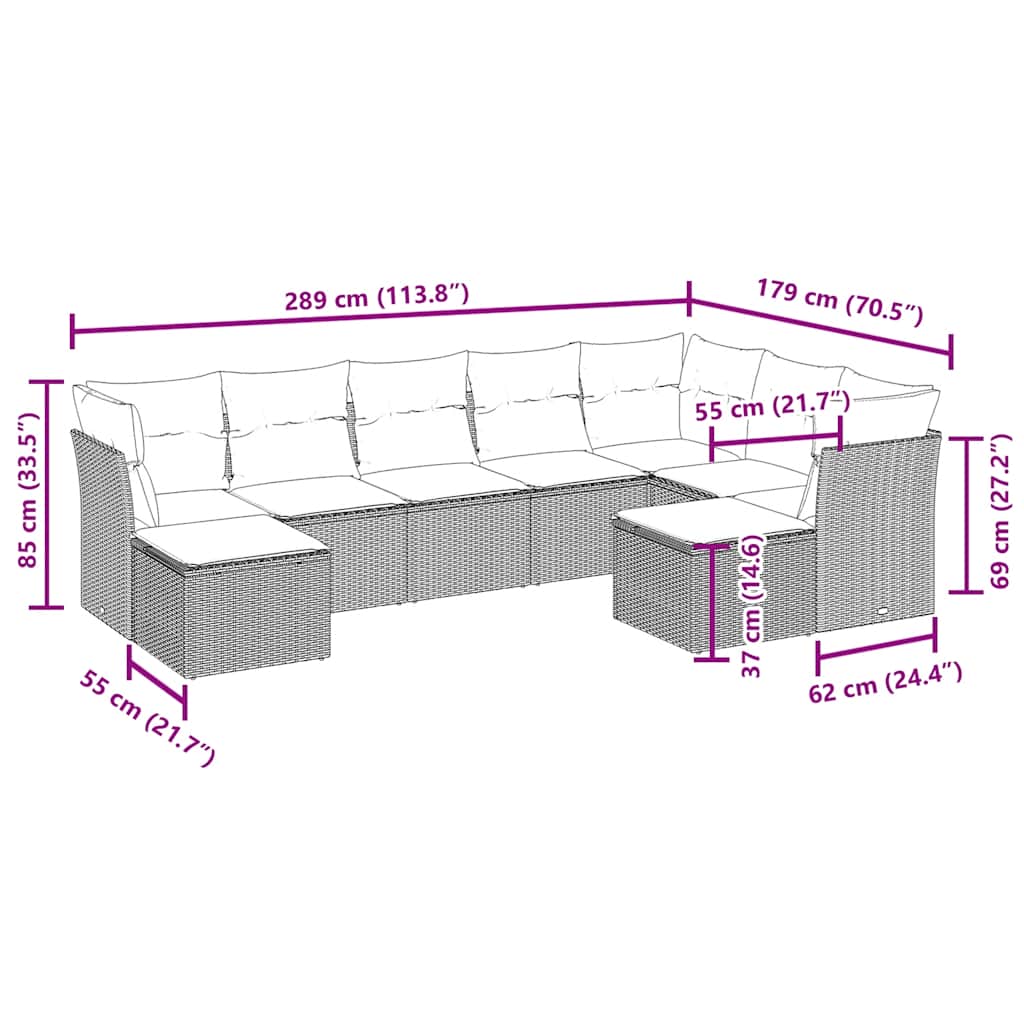 Salon de jardin avec coussins 9 pcs marron résine tressée