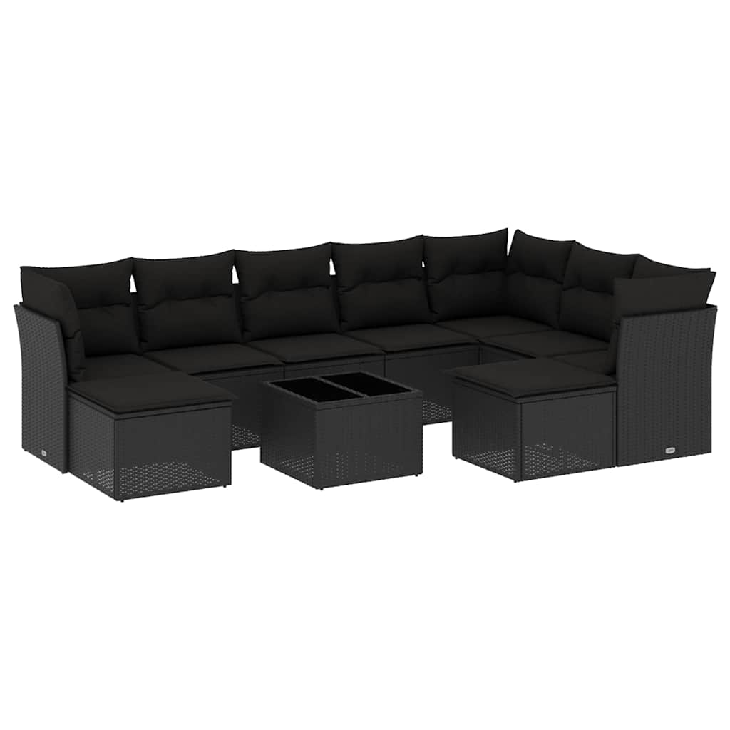 Salon de jardin 10 pcs avec coussins noir résine tressée