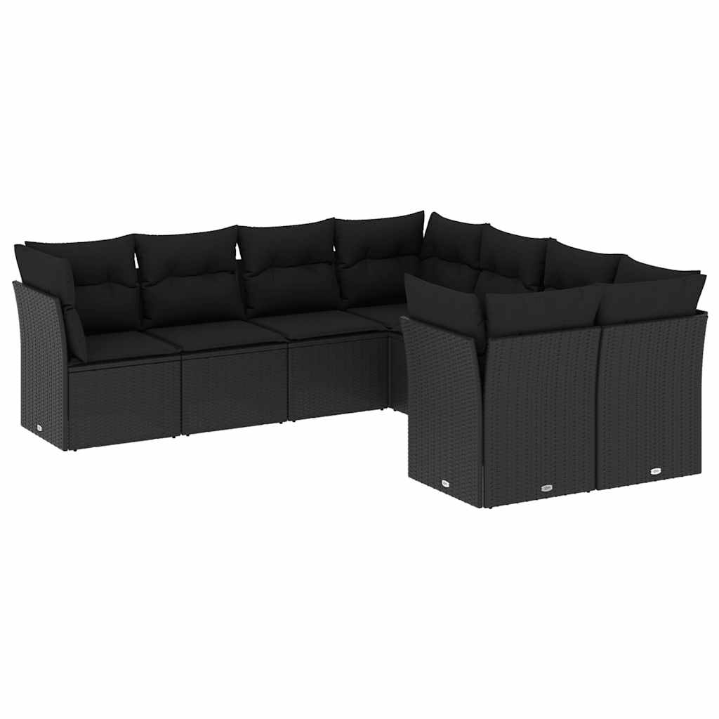 Salon de jardin 8 pcs avec coussins noir résine tressée