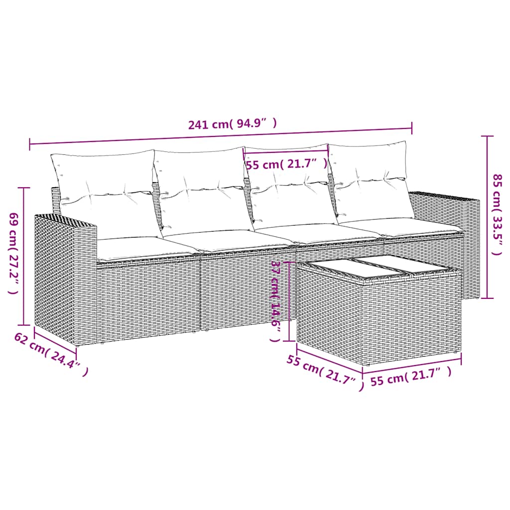 Salon de jardin 5 pcs avec coussins gris clair résine tressée