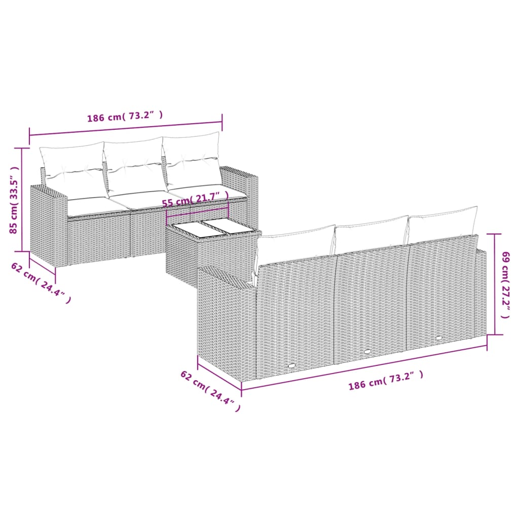 Salon de jardin avec coussins 7 pcs gris résine tressée