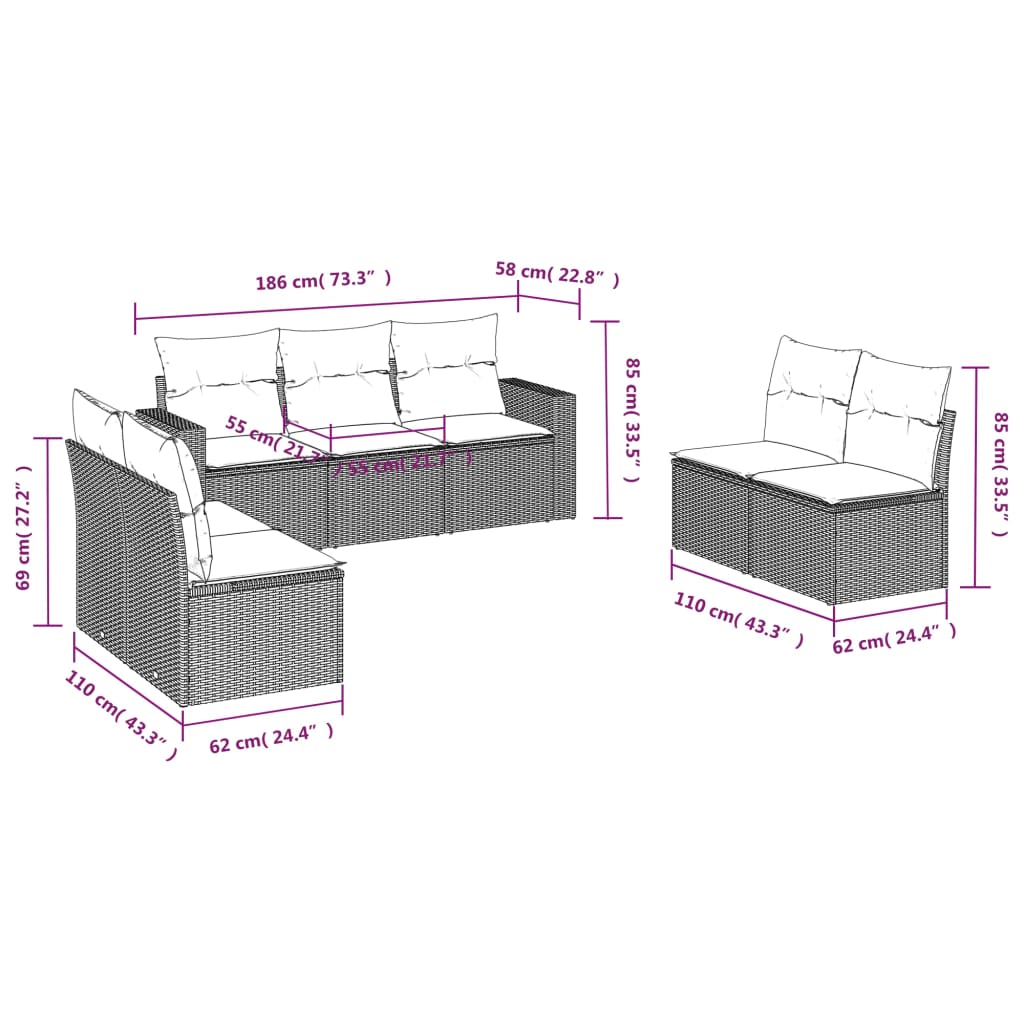 Salon de jardin avec coussins 7 pcs gris résine tressée