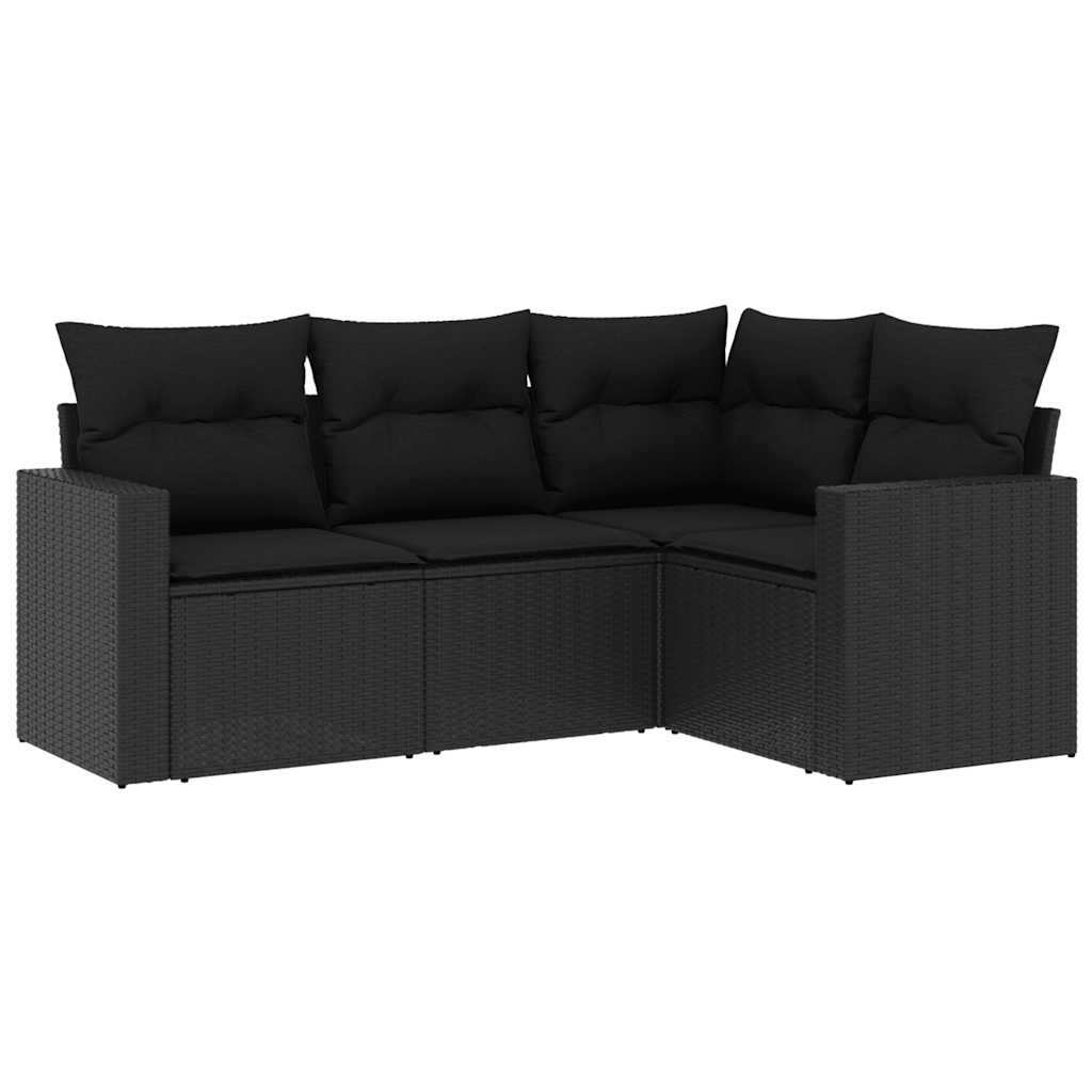 Salon de jardin 4 pcs avec coussins noir résine tressée