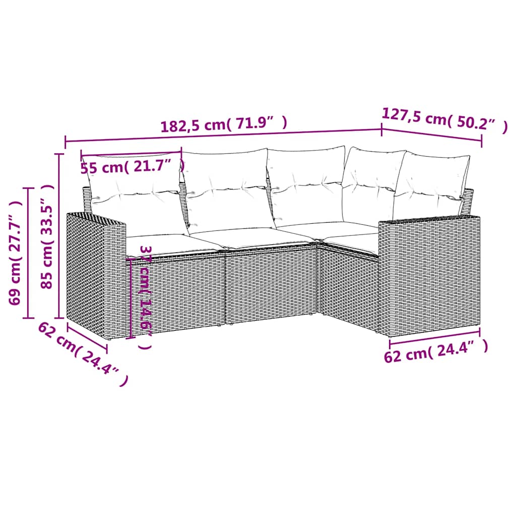 Salon de jardin 4 pcs avec coussins noir résine tressée