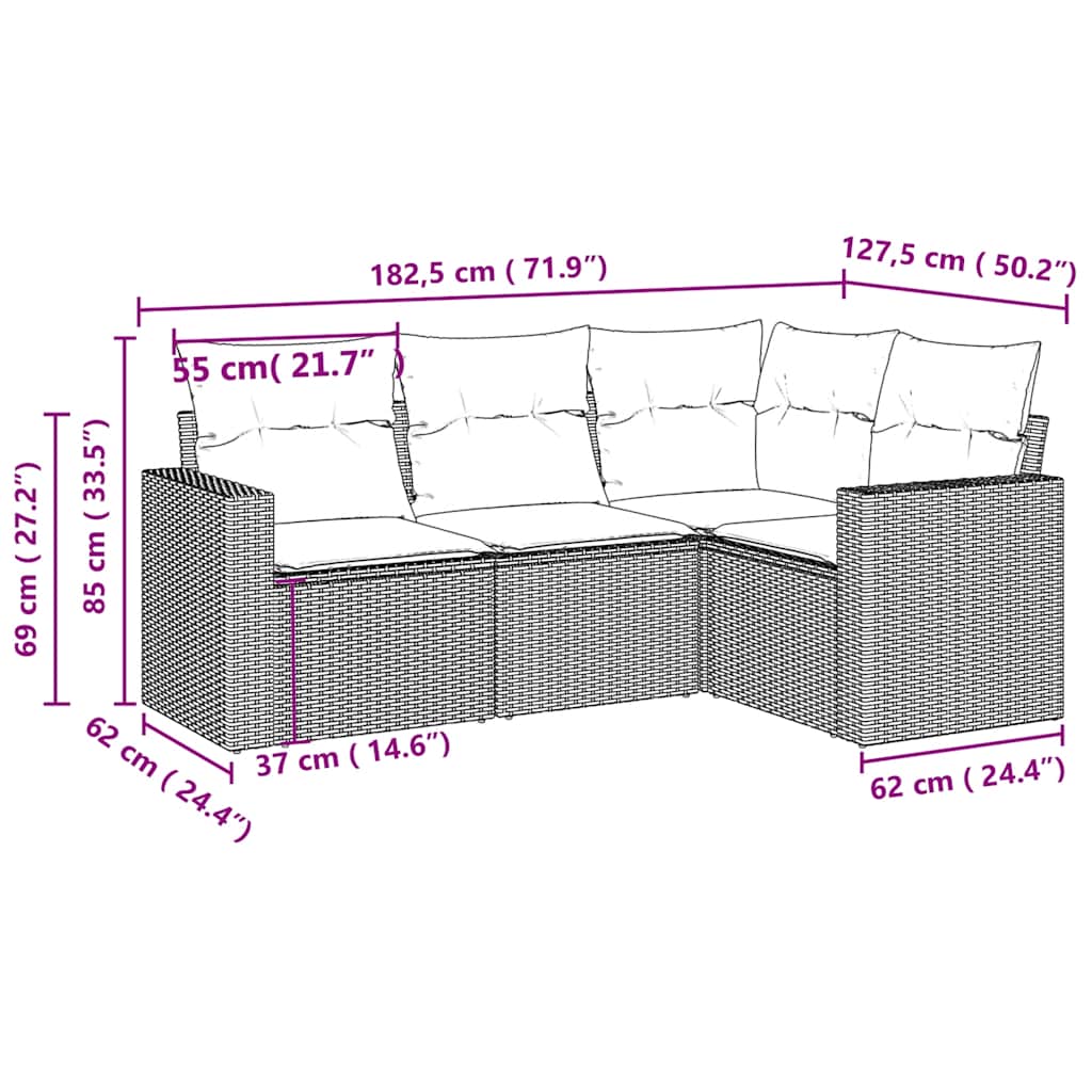 Salon de jardin 4 pcs avec coussins gris clair résine tressée