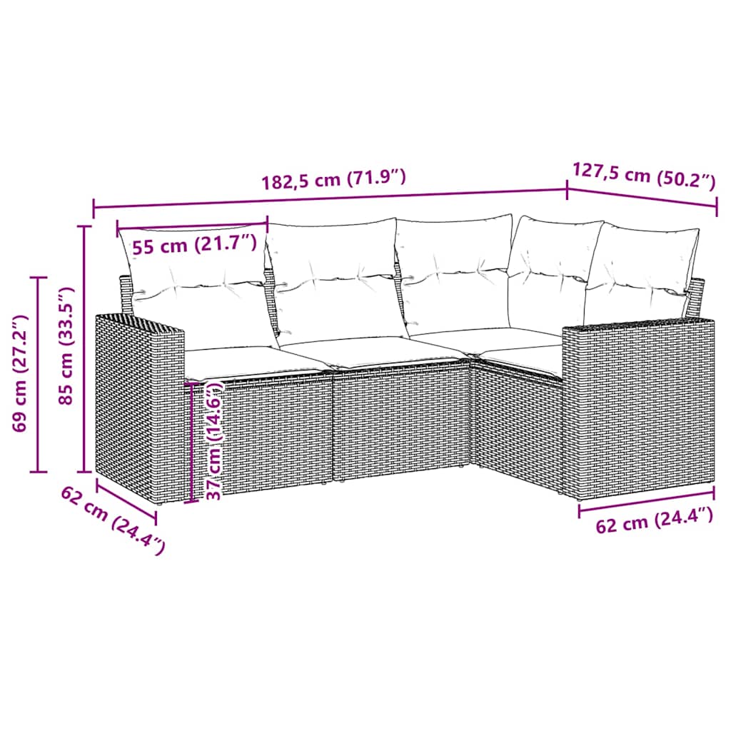 Salon de jardin 4 pcs avec coussins marron résine tressée