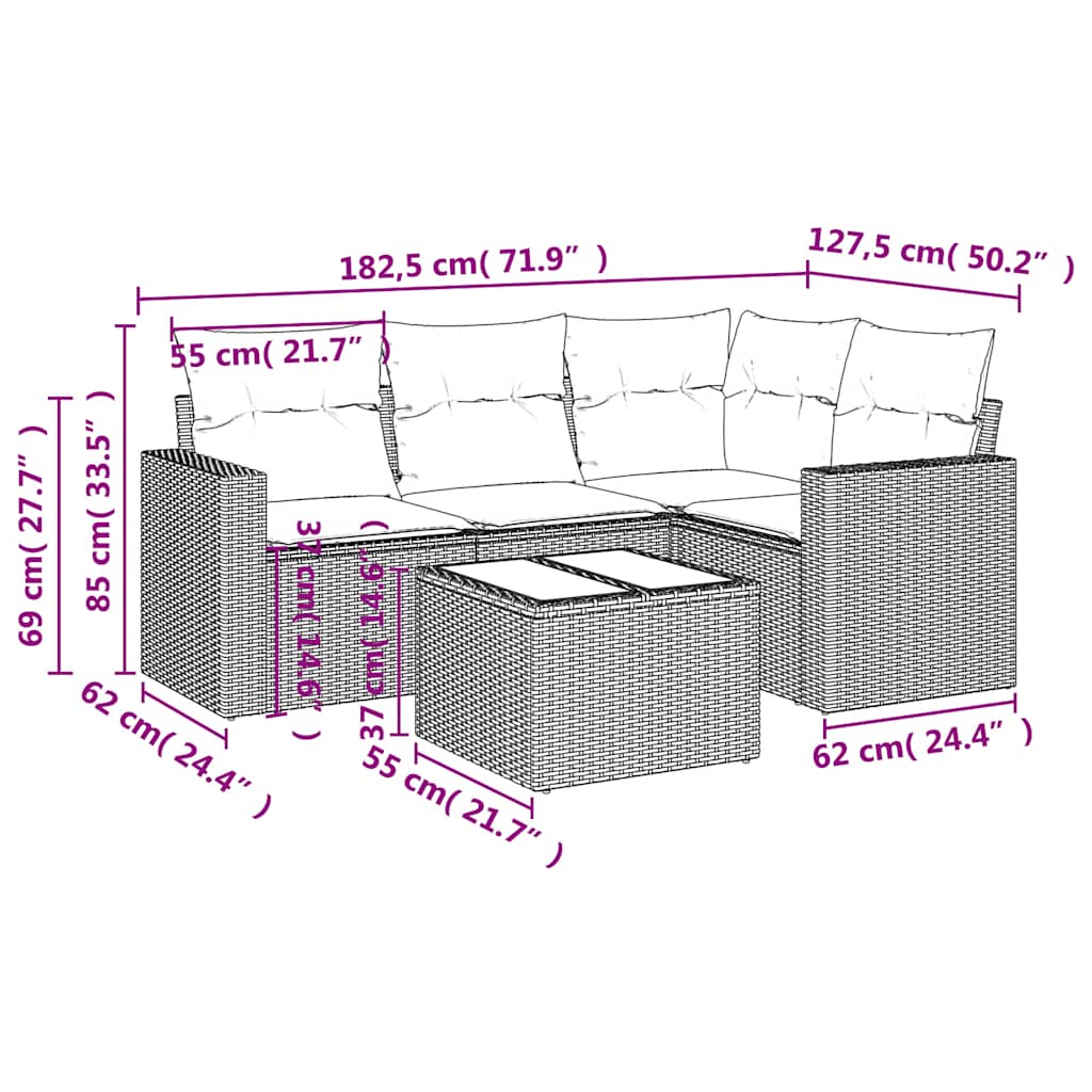 Salon de jardin 5 pcs avec coussins gris clair résine tressée