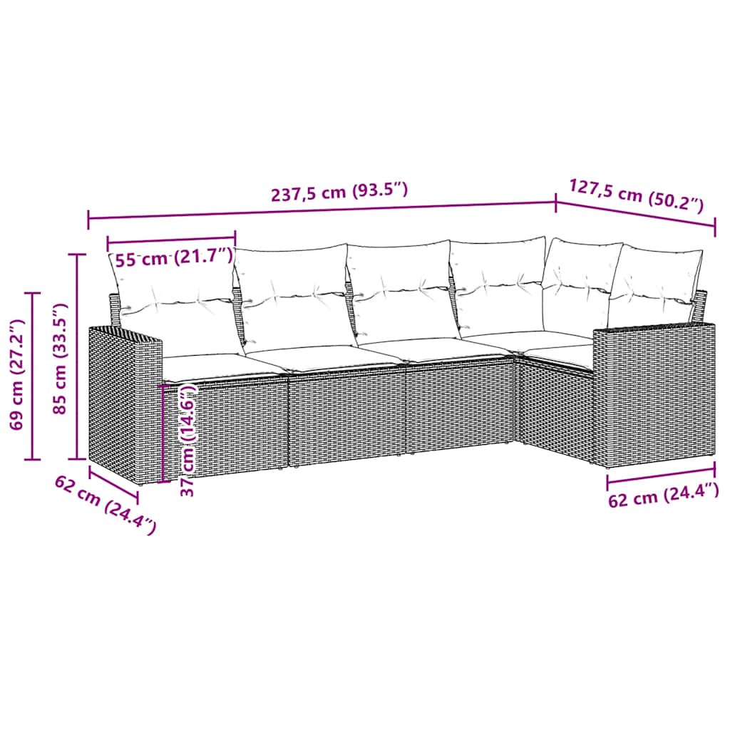 Salon de jardin avec coussins 5 pcs marron résine tressée