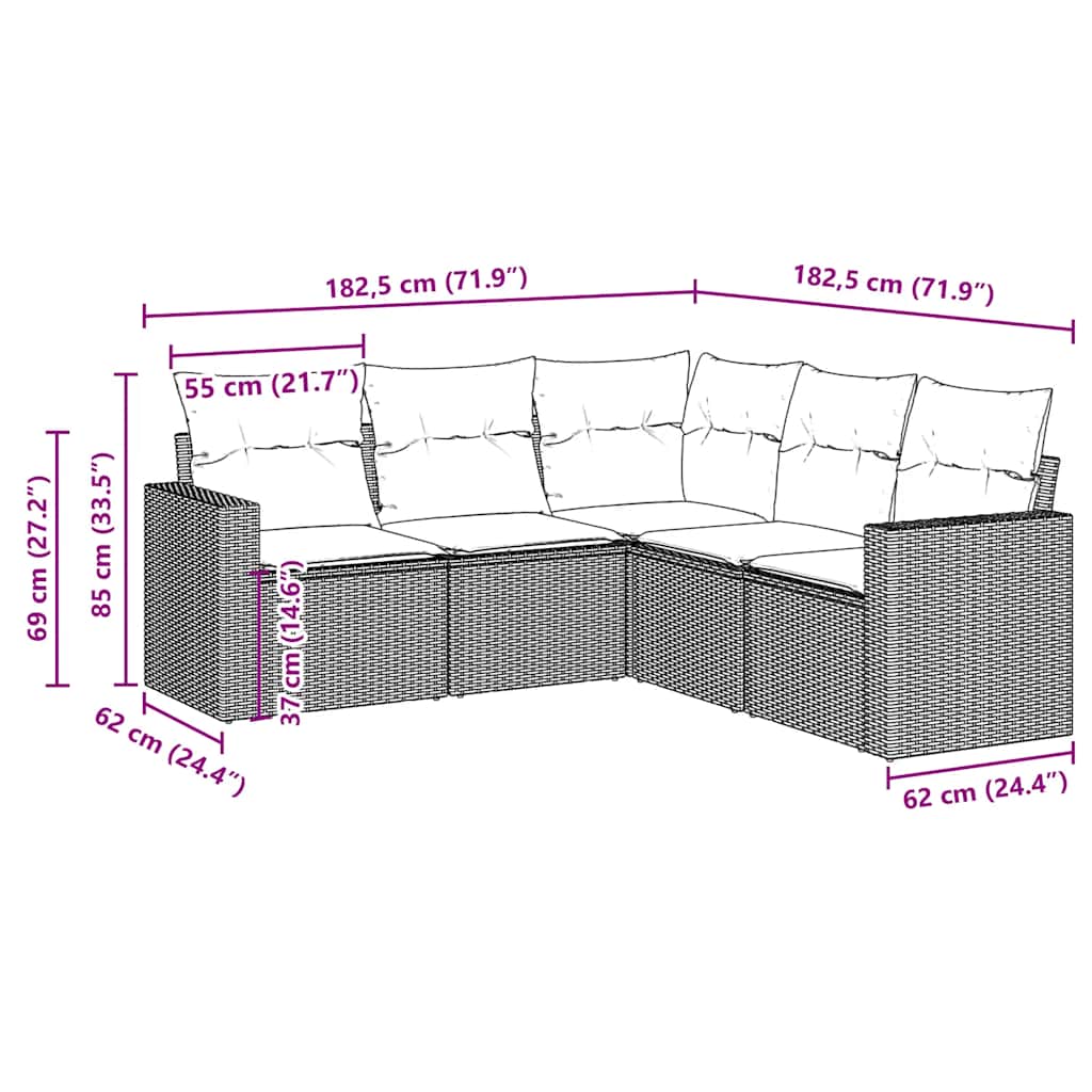 Salon de jardin avec coussins 5 pcs marron résine tressée