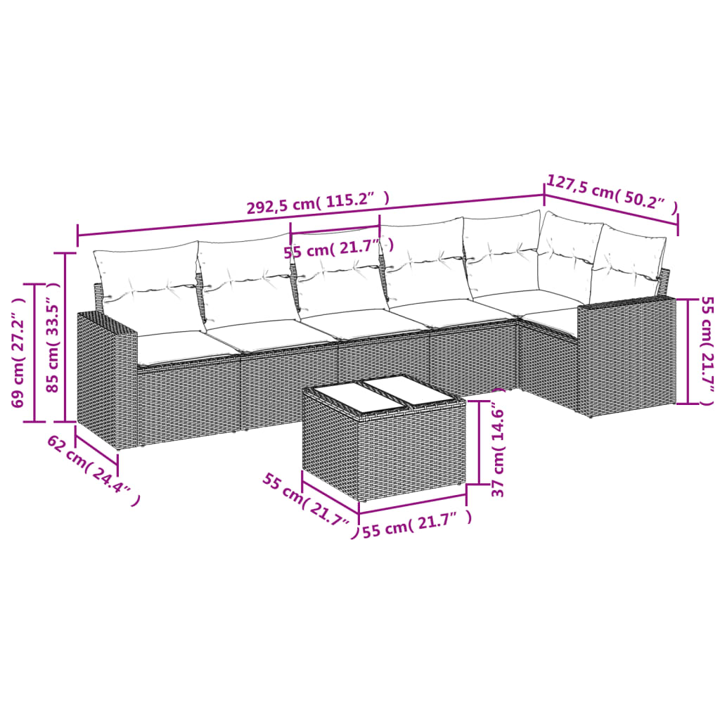 Salon de jardin avec coussins 7 pcs marron résine tressée