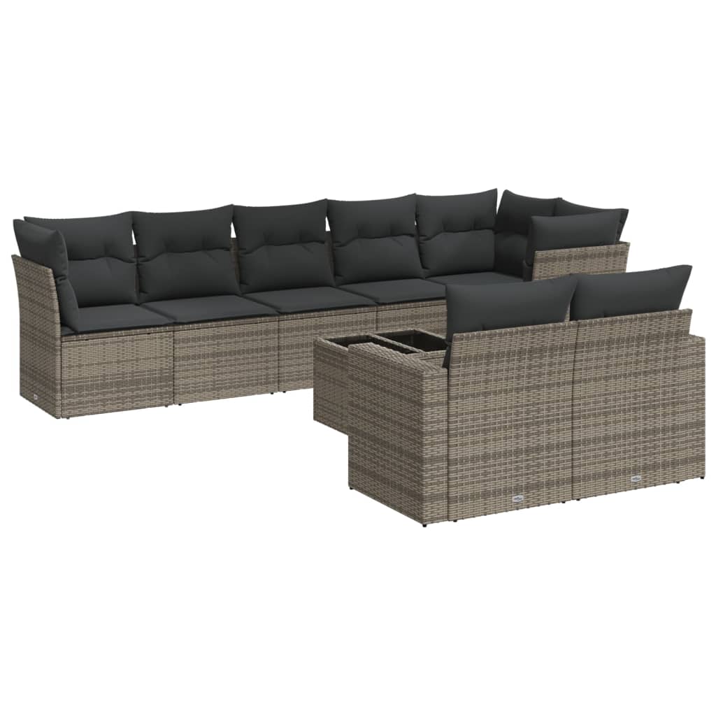 Salon de jardin 9 pcs avec coussins gris résine tressée
