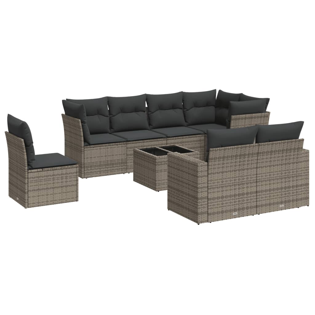 Salon de jardin 9 pcs avec coussins gris résine tressée