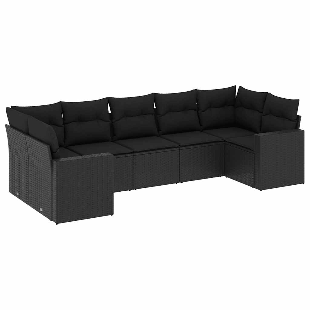 Salon de jardin 7 pcs avec coussins noir résine tressée