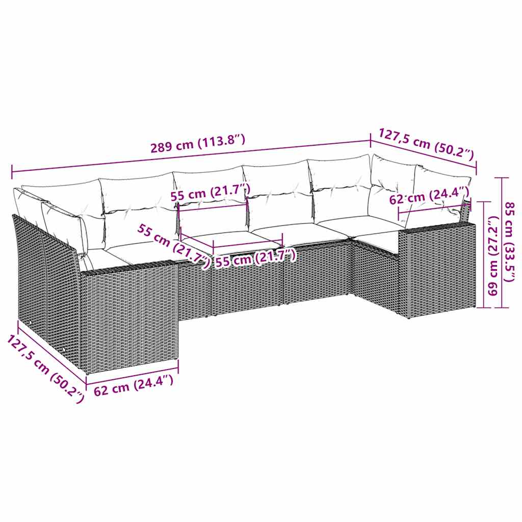 Salon de jardin avec coussins 7 pcs marron résine tressée