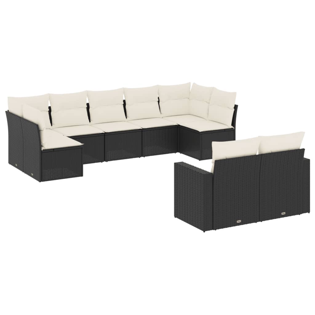 Salon de jardin 9 pcs avec coussins noir résine tressée