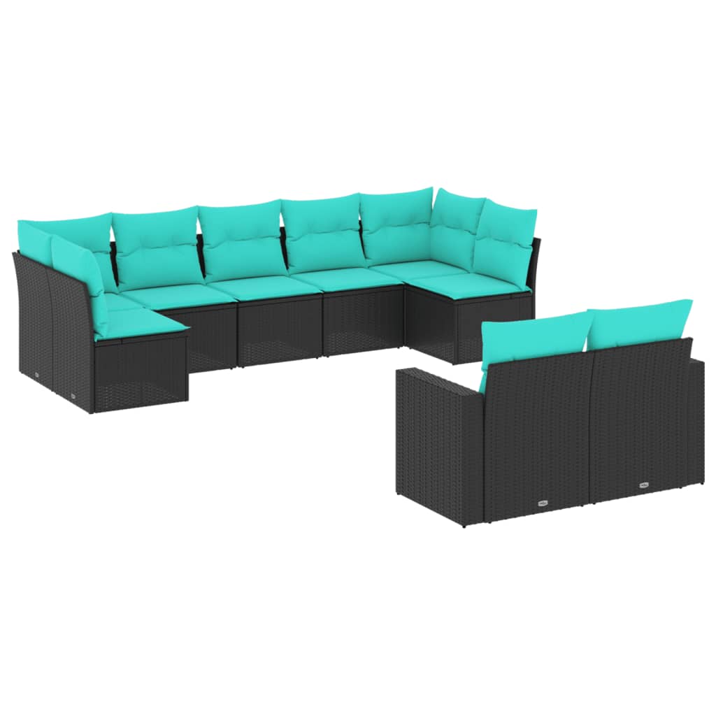 Salon de jardin 9 pcs avec coussins noir résine tressée