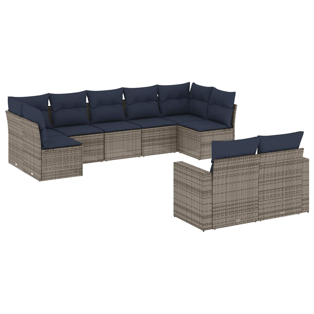 Salon de jardin 9 pcs avec coussins gris résine tressée