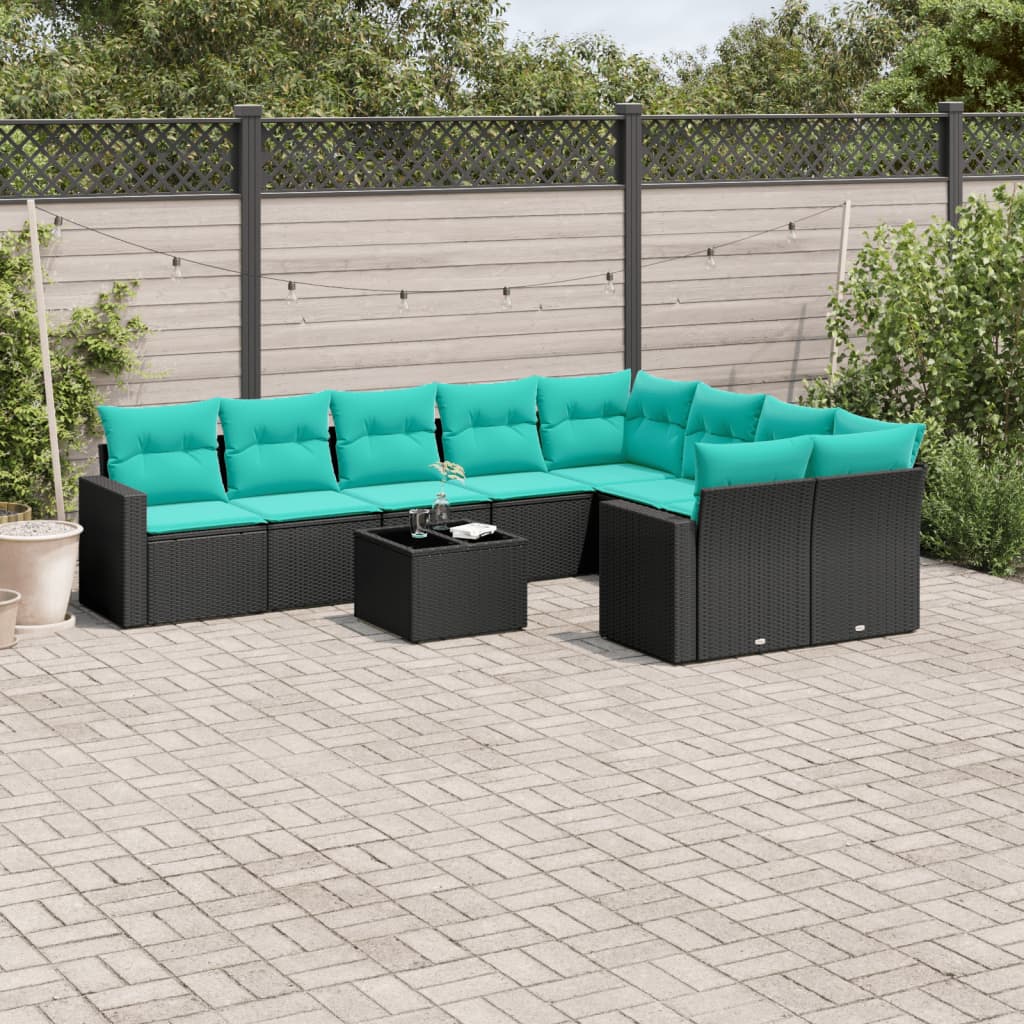 Salon de jardin 10 pcs avec coussins noir résine tressée