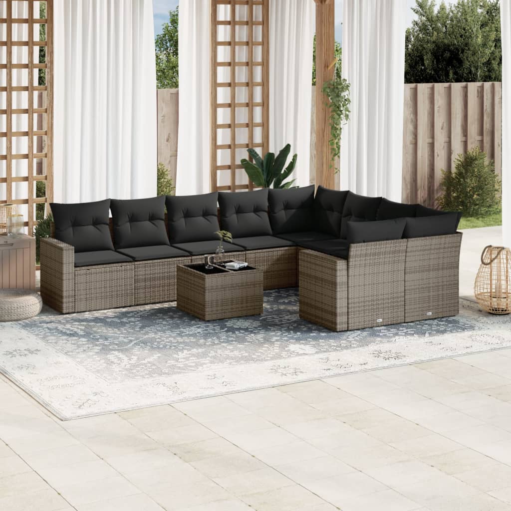 Salon de jardin avec coussins 10 pcs gris résine tressée