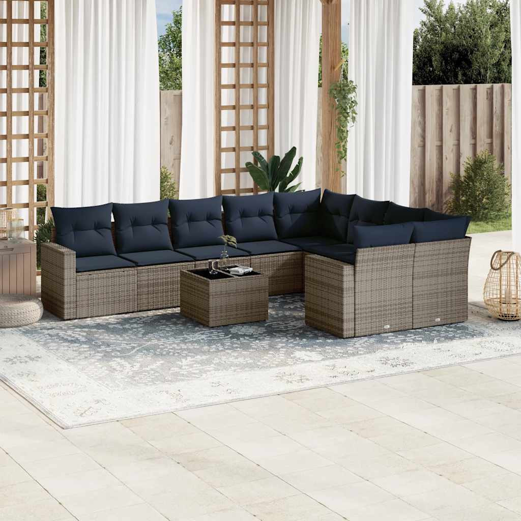 Salon de jardin 10 pcs avec coussins gris résine tressée