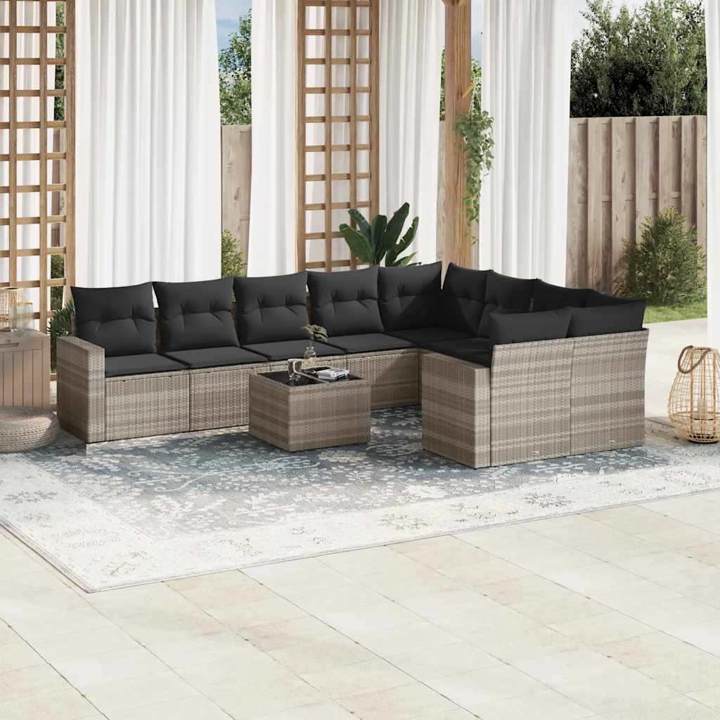 Salon de jardin avec coussins 10 pcs gris clair résine tressée