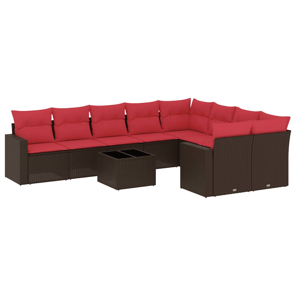 Salon de jardin 10 pcs avec coussins marron résine tressée