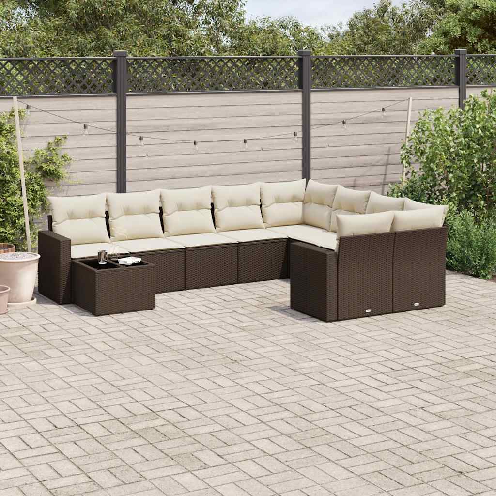 Salon de jardin 10 pcs avec coussins marron résine tressée