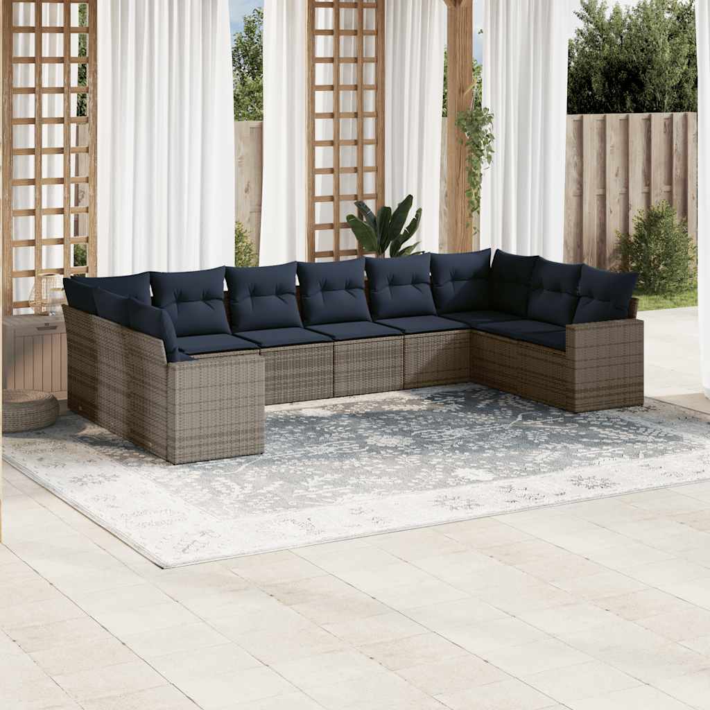 Salon de jardin 10 pcs avec coussins gris résine tressée