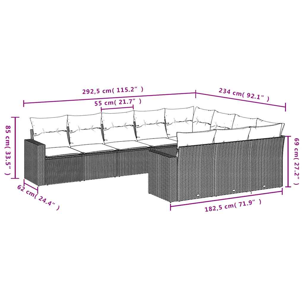 Salon de jardin 10 pcs avec coussins gris résine tressée