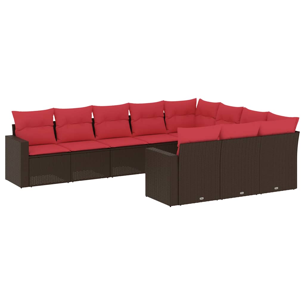 Salon de jardin 10 pcs avec coussins marron résine tressée