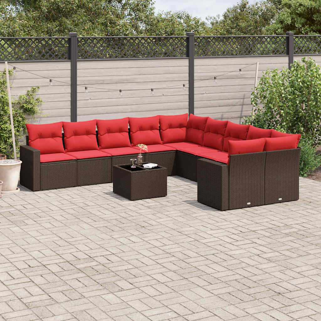 Salon de jardin et coussins 11 pcs marron résine tressée