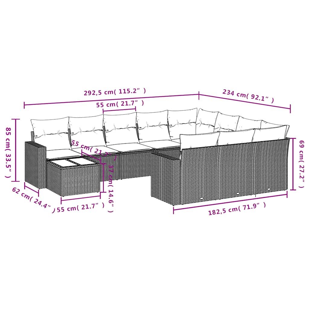 Ensemble de canapé de jardin 11 pcs avec coussins gris résine tressée