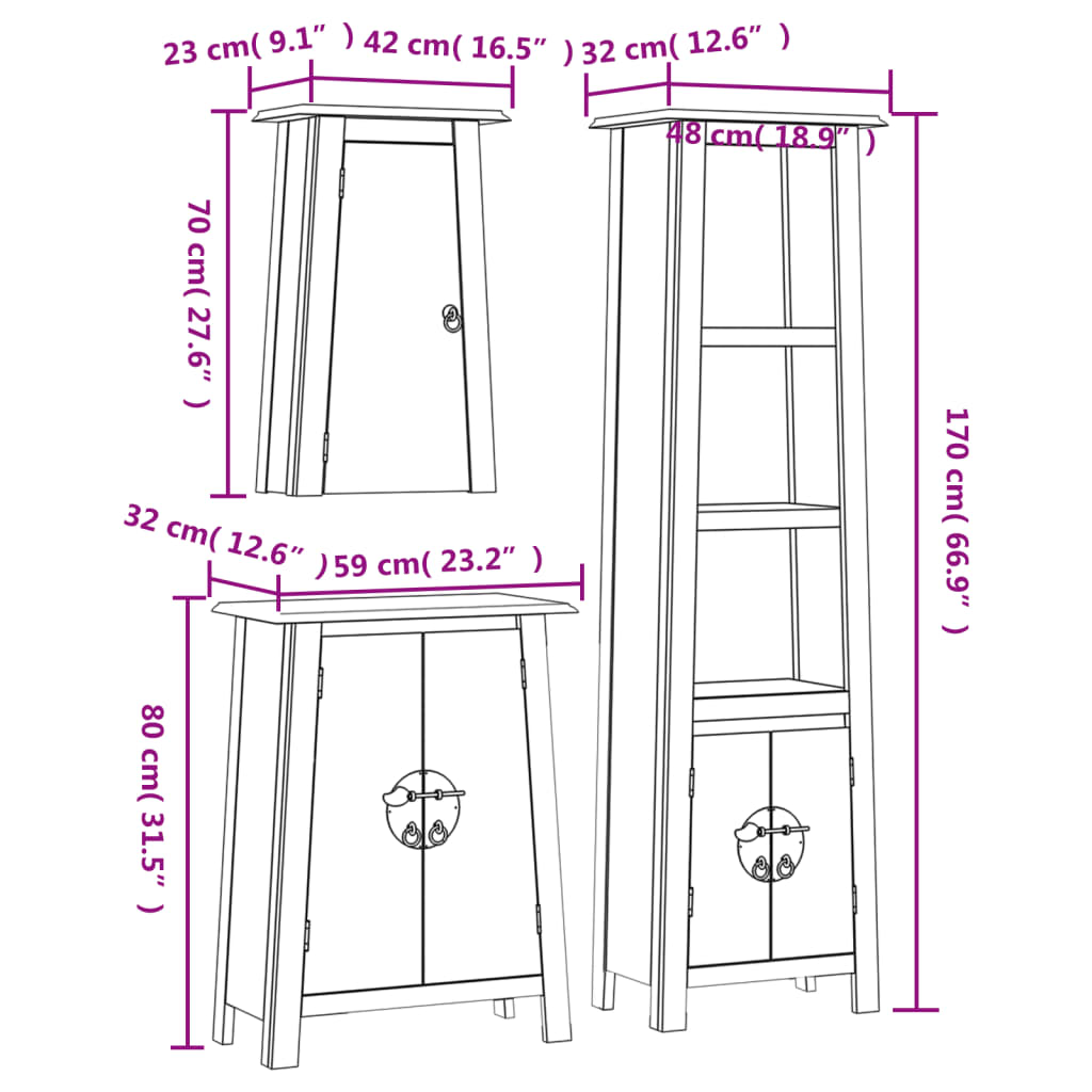 Ensemble de meubles de salle de bain 3 pcs bois de pin massif