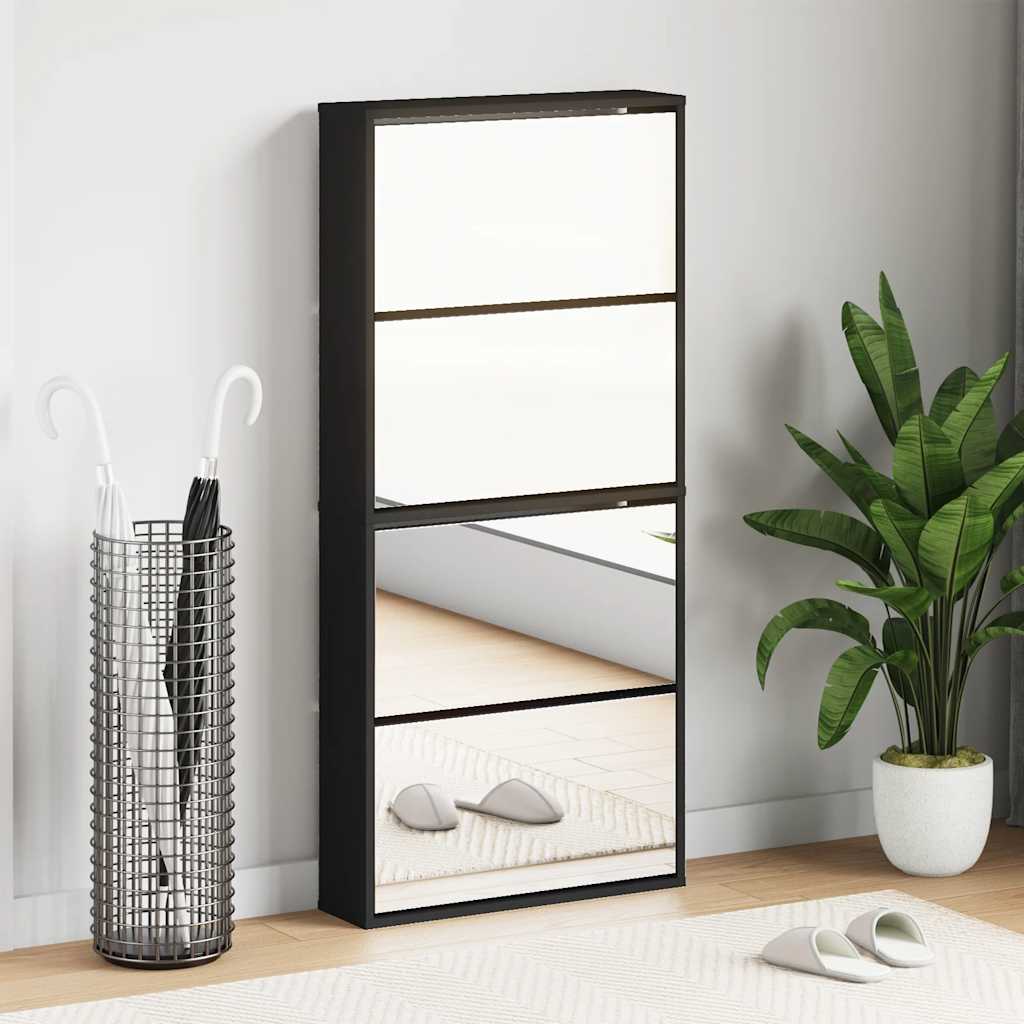 Armoire à chaussures avec miroir à 4 niveaux noir 63x17x134 cm - XIOS