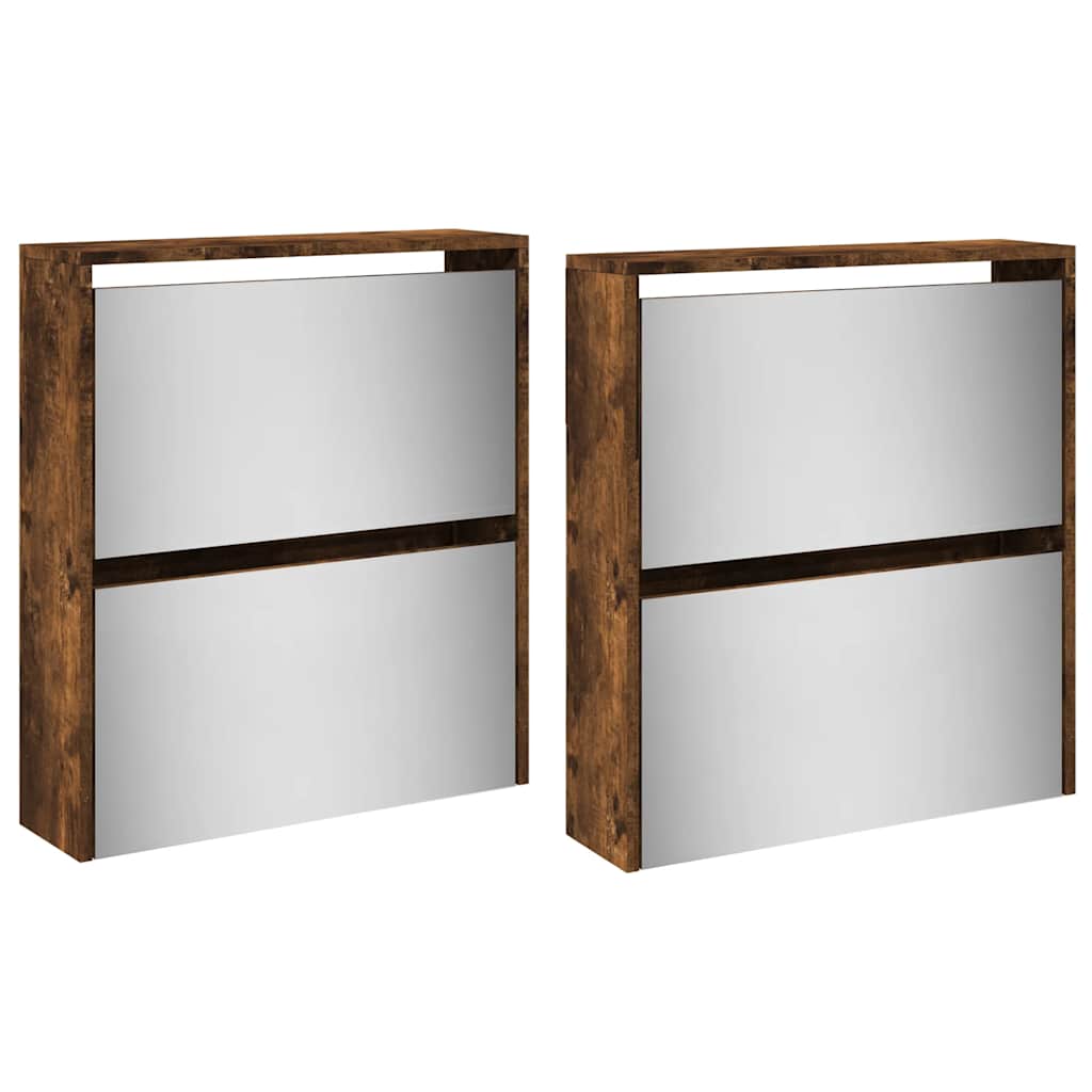 Armoire à chaussures miroir à 4 niveaux chêne fumé 63x17x134 cm - XIOS