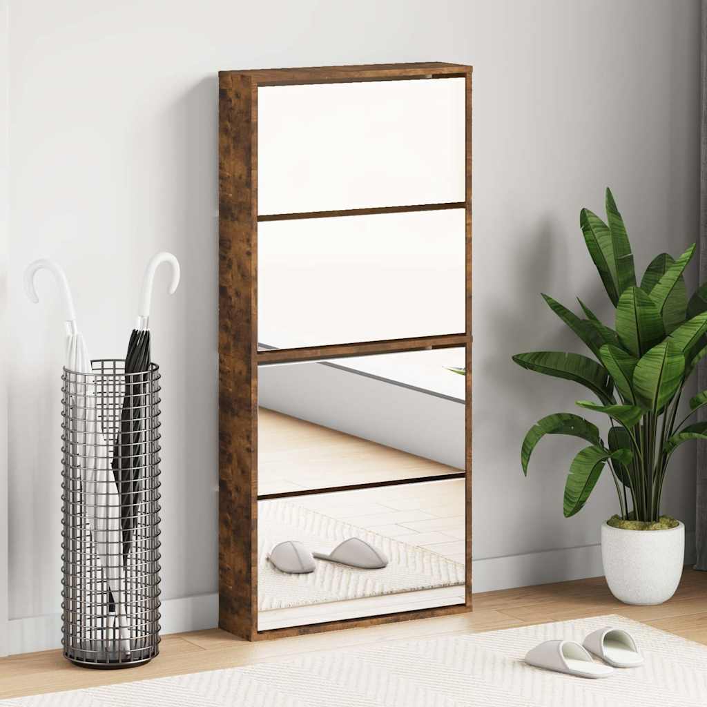 Armoire à chaussures miroir à 4 niveaux chêne fumé 63x17x134 cm - XIOS