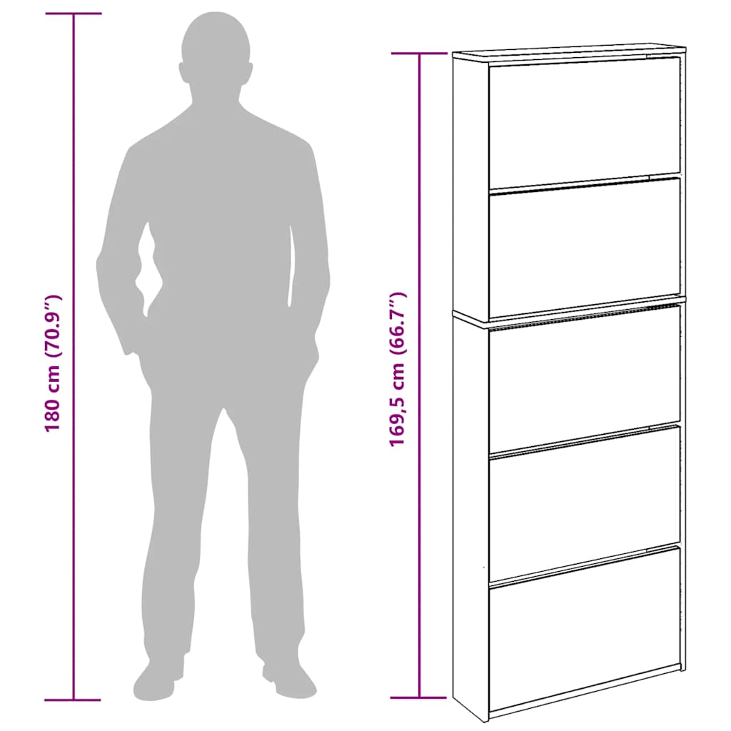 Armoire à chaussures miroir 5 niveaux gris béton 63x17x169,5 cm - XIOS