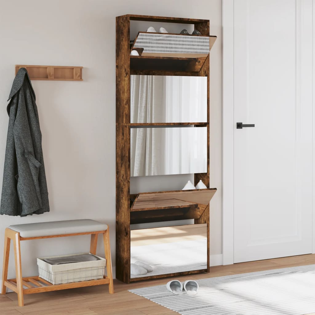 Armoire à chaussures miroir 5 niveaux chêne fumé 63x17x169,5 cm - XIOS