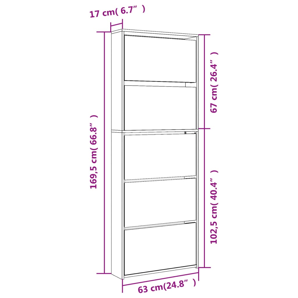 Armoire à chaussures miroir 5 niveaux chêne fumé 63x17x169,5 cm - XIOS