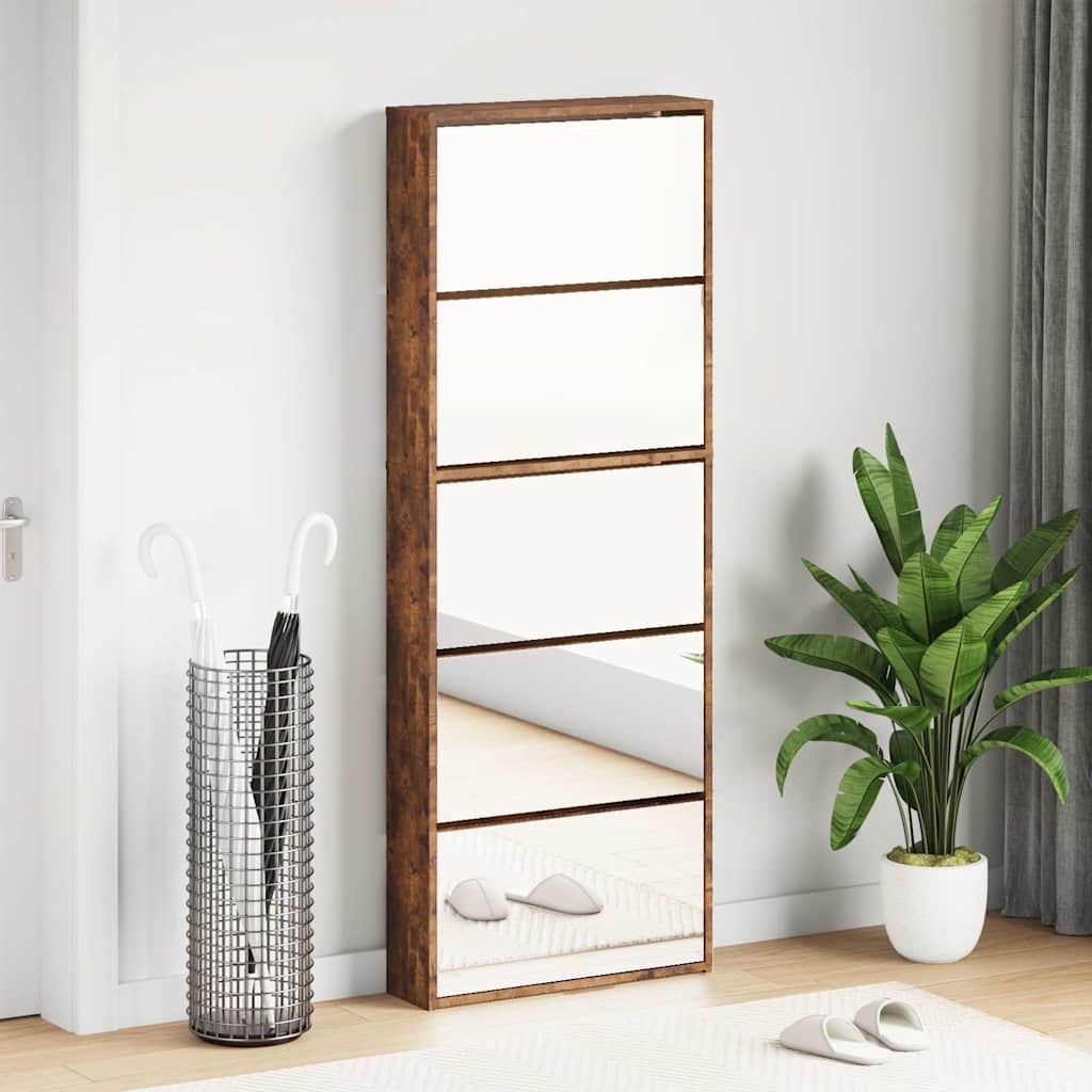 Armoire à chaussures miroir 5 niveaux chêne fumé 63x17x169,5 cm - XIOS