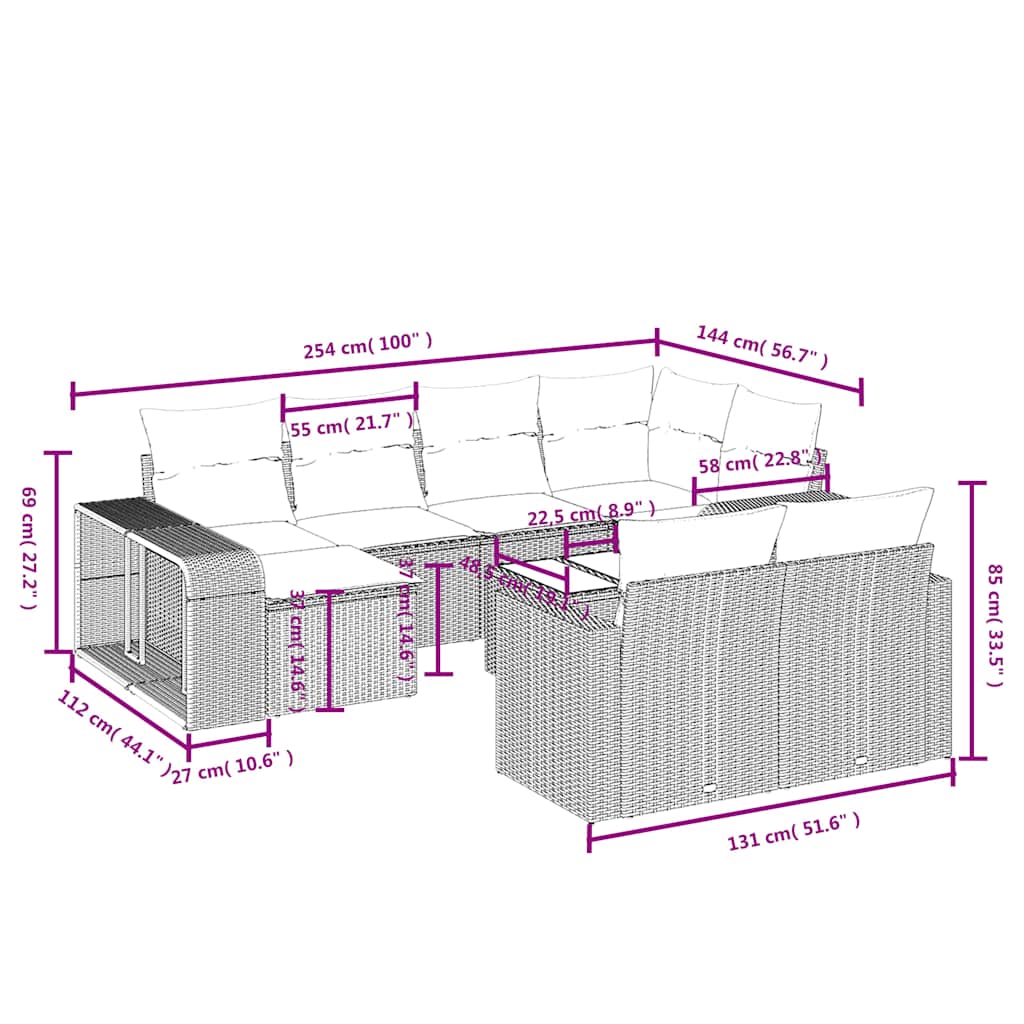 Ensemble de canapé de jardin 11 pcs avec coussins gris résine tressée