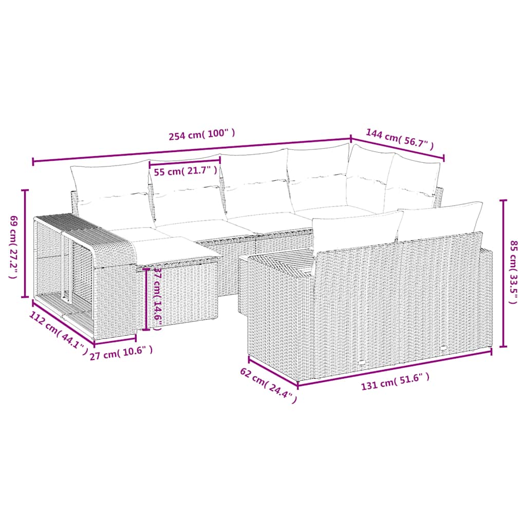 Ensemble de canapé de jardin 11 pcs avec coussins gris résine tressée